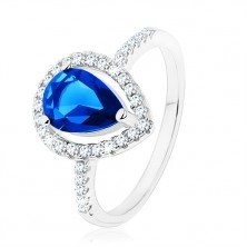 Gyűrű, 925 ezüst, szűk szárak, cirkóniás könnycsepp kék színben