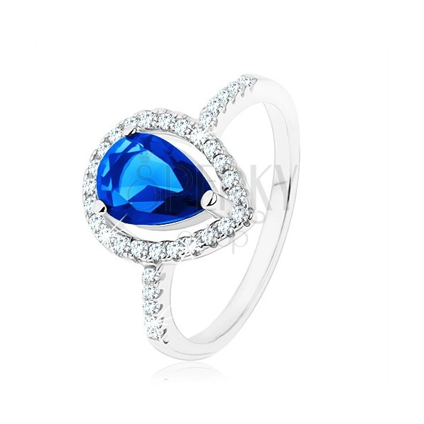 Gyűrű, 925 ezüst, szűk szárak, cirkóniás könnycsepp kék színben