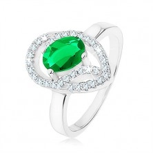 Gyűrű 925 ezüstből, ovális zöld cirónia, aszimmetrikus könnycsepp - körvonal