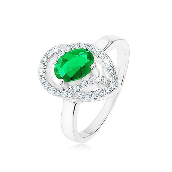 Gyűrű 925 ezüstből, ovális zöld cirónia, aszimmetrikus könnycsepp - körvonal