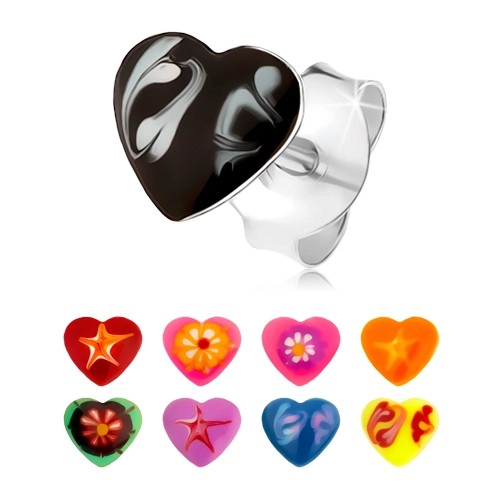925 ezüst fülbevaló, egyenletes szívecske, színes fénymáz, különböző minták - Szín: Fekete 