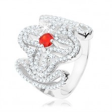 Masszív gyűrű, 925 ezüst, piros cirkónia, széles minta - kereszt