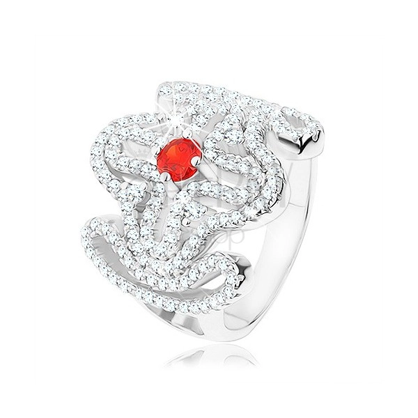 Masszív gyűrű, 925 ezüst, piros cirkónia, széles minta - kereszt