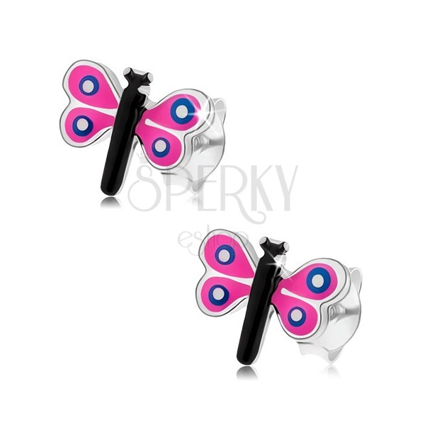 Bedugós fülbevaló 925 ezüstből, színes kicsi pillangó, rózsaszín szárnyak