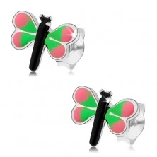 Fülbevaló 925 ezüstből, színes pillangó, rózsaszín-zöld szárnyak