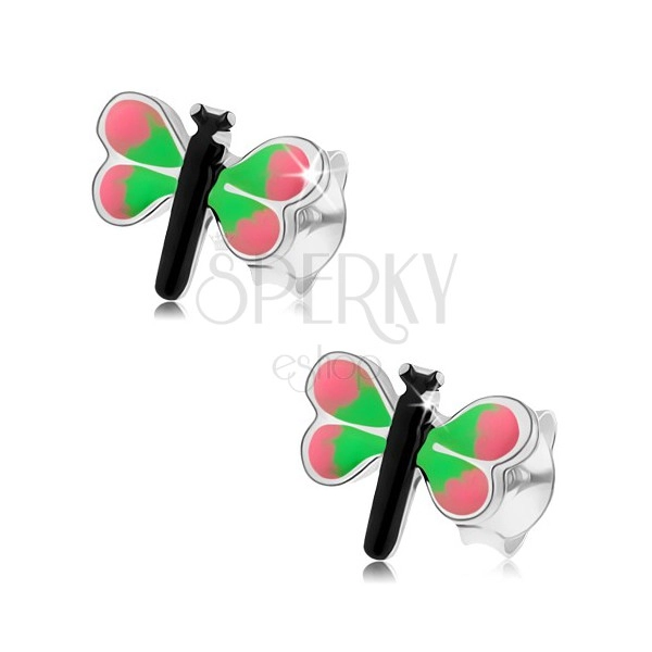 Fülbevaló 925 ezüstből, színes pillangó, rózsaszín-zöld szárnyak