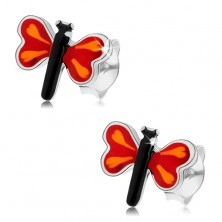 Bedugós fülbevaló 925 ezüstből, színes kicsi pillangó, piros szárnyak