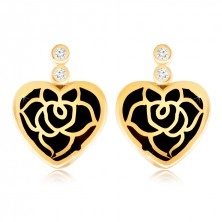 Fülbevaló 9K aranyból - egyenletes szív fekete fénymázzal, rózsa, cirkóniák