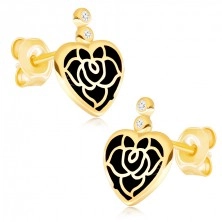 Fülbevaló 9K aranyból - egyenletes szív fekete fénymázzal, rózsa, cirkóniák