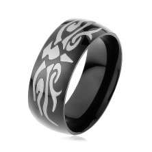 Fényes acél gyűrű fekete színben, szürke tribal motívum, sima felület