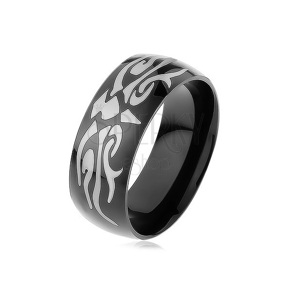 Fényes acél gyűrű fekete színben, szürke tribal motívum, sima felület