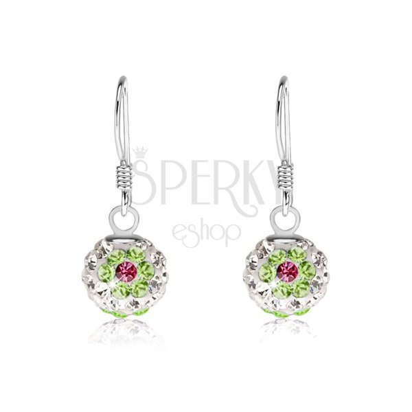 Fehér fülbevaló 925 ezüstből, zöld-rózsaszín virágok, Preciosa kristályok, 8 mm