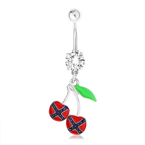 Acél piercing köldökbe, cseresznye, konföderációs zászló, zöld levél