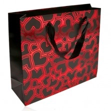 Papír táska ajándékra, sötétszürke és piros szín, fényes szív körvonalak