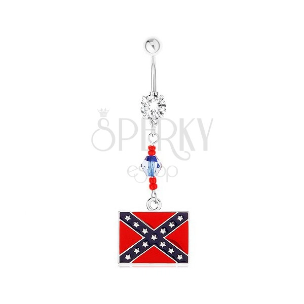 Acél köldökpiercing, átlátszó cirkónia, gyöngyök, konföderációs zászló motívum