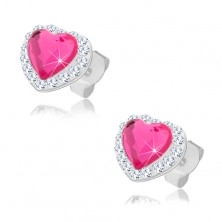 Bedugós fülbevaló 925 ezüstből, rózsaszín szívecske, átlátszó Preciosa kristályok