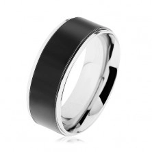 Gyűrű 316L acélból, fekete sáv, magas fényű keret ezüst színben