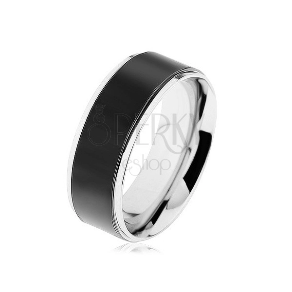 Gyűrű 316L acélból, fekete sáv, magas fényű keret ezüst színben