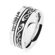 Szélesebb gyűrű, 316L acél, fekete sáv, kelta minta, ezüst keret