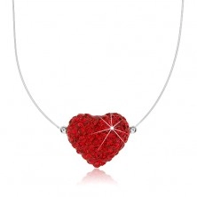 Nyaklánc egy kristályokkal kirakott piros szívvel, átlátszó műanyag zsinór, 925 ezüst zárszerkezet