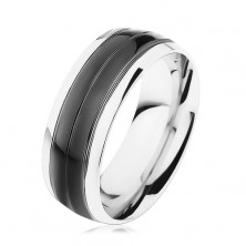 Gyűrű 316L acélból, fekete sáv, ezüst keret, magas fény