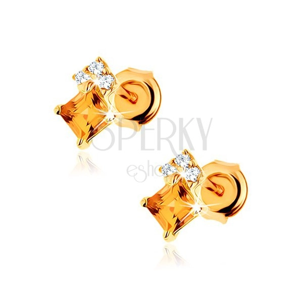 Beszúrós fülbevaló 14K sárga aranyból - négyzetes sárga citrin, átlátszó cirkónia