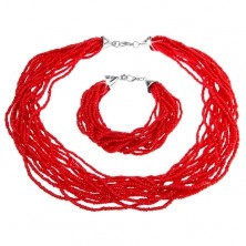 Szett, karkötő és nyakék, apró gyöngyökből álló köteg, piros szín