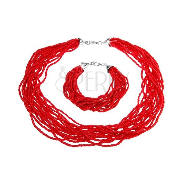 Szett, karkötő és nyakék, apró gyöngyökből álló köteg, piros szín