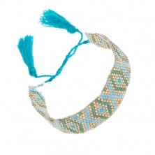 Gyöngyös karkötő indián mintával, kék, türkiz és arany szín