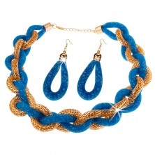 Szett - nyakék és fülbevaló, vastagabb fonott lánc, kék háló gyöngyökkel