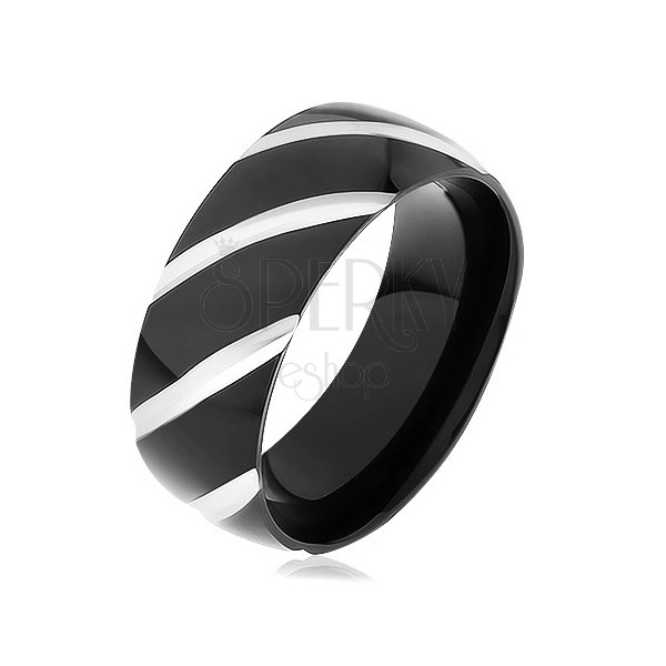 Fekete acél karikagyűrű, fényes felület ferde bemarásokkal díszítve