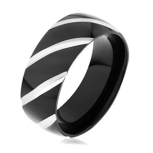 Fekete acél karikagyűrű, fényes felület ferde bemarásokkal díszítve - Nagyság: 67
