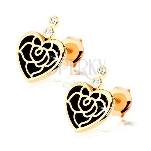 Fülbevaló 14K aranyból - egyenletes szív fekete fénymázzal, rózsa, cirkóniák