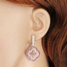 925 ezüst fülbevaló, kettős virág kontúr, rózsaszín és átlátszó cirkóniák