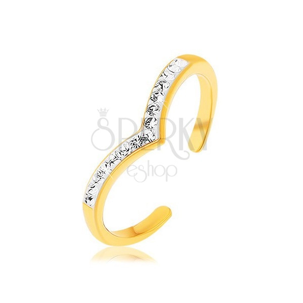 925 ezüst gyűrű, arany színben, spicces vonal fehér fénymázzal, átlátszó cirkóniák