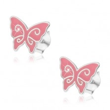 Fülbevaló 925 ezüstből, rózaszín pillangó alakú, fényes spirálok, stekker 