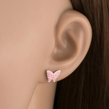 Fülbevaló 925 ezüstből, rózaszín pillangó alakú, fényes spirálok, stekker 
