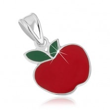 925 ezüst medál - piros színű alma, zöld levelekkel, fénymázzal fedve