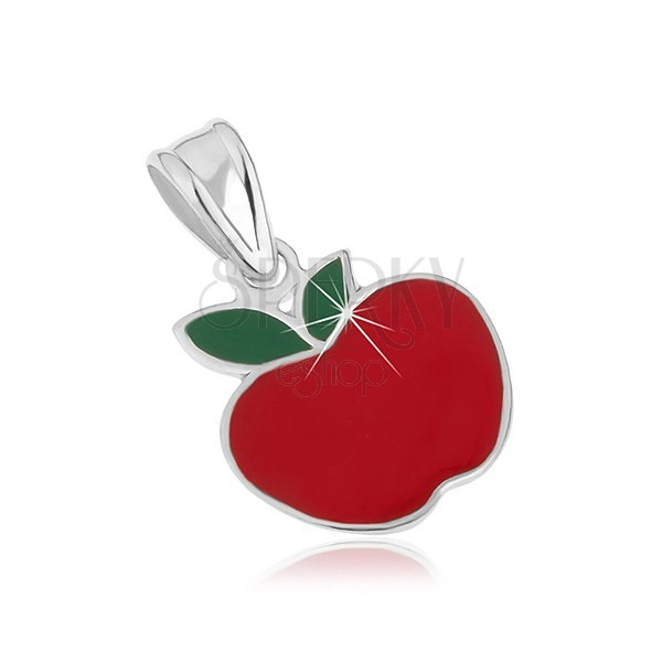 925 ezüst medál - piros színű alma, zöld levelekkel, fénymázzal fedve