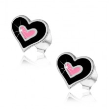 925 ezüst bedugós fülbevaló, dupla szív fekete és rózsaszín fénymázzal fedve