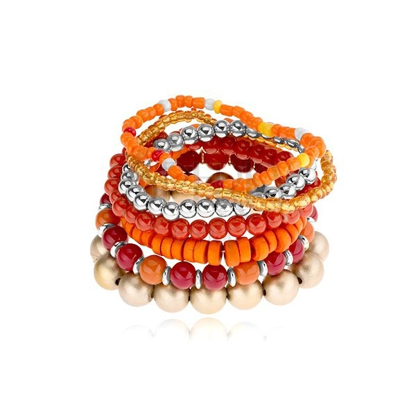 Rugalmas multikarkötő, különböző alakú gyöngyök, piros, narancssárga, arany színben