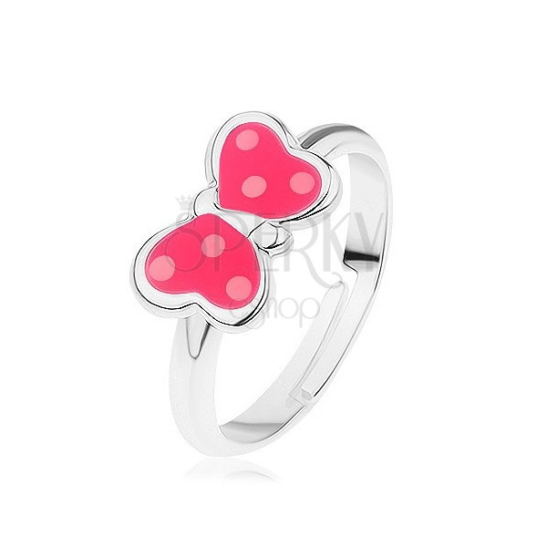 Állítható gyűrű 925 ezüstből, pillangó - rózsaszín fénymáz, fehér pontok