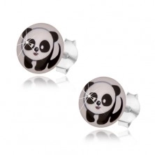 Fülbevaló átlátszó fénymázzal, 925 ezüst, aranyos fekete-fehér panda 