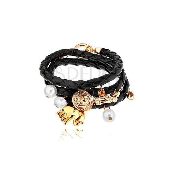 Fekete színű fonott karkötő, medálok - gyöngyök, tiszta cirkónia, elefánt, érme