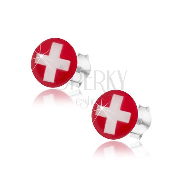 925 ezüst fülbevaló, svájci zászló - piros háttér, fehér kereszt