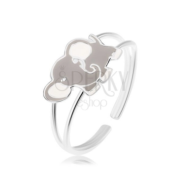 Tükörfényes gyűrű, 925 ezüst, aranyos elefánt, szürke és fehér fénymázzal fedett