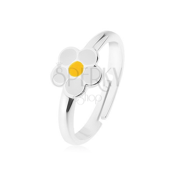 925 ezüst gyűrű, fehér fénymázas virág, sárga középpel, tükörfényes