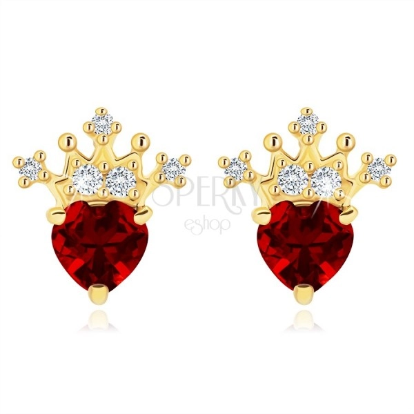 9K arany fülbevaló - szív alakú piros gránáttal, csillogó korona