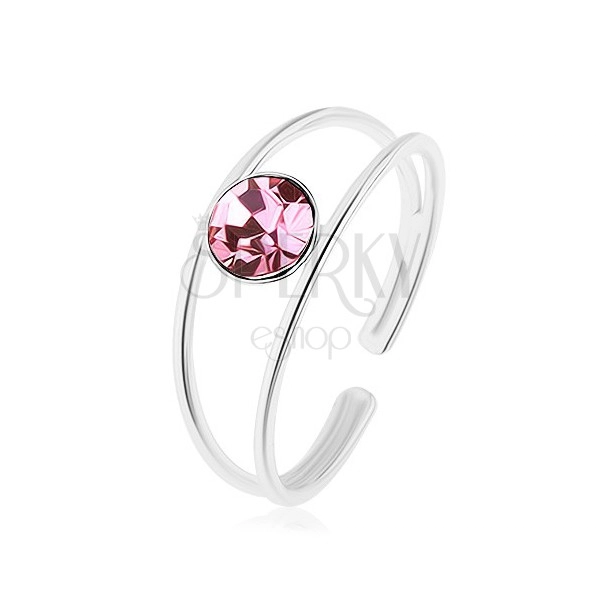 Állítható 925 ezüst gyűrű, szétágazó szárú, kerek rózsaszín cirkóniával