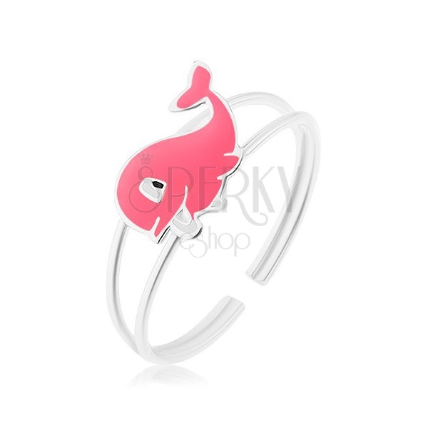 Szétágazó szárú 925 ezüst gyűrű, vidám, rózsaszín bálna fénymázzal fedve